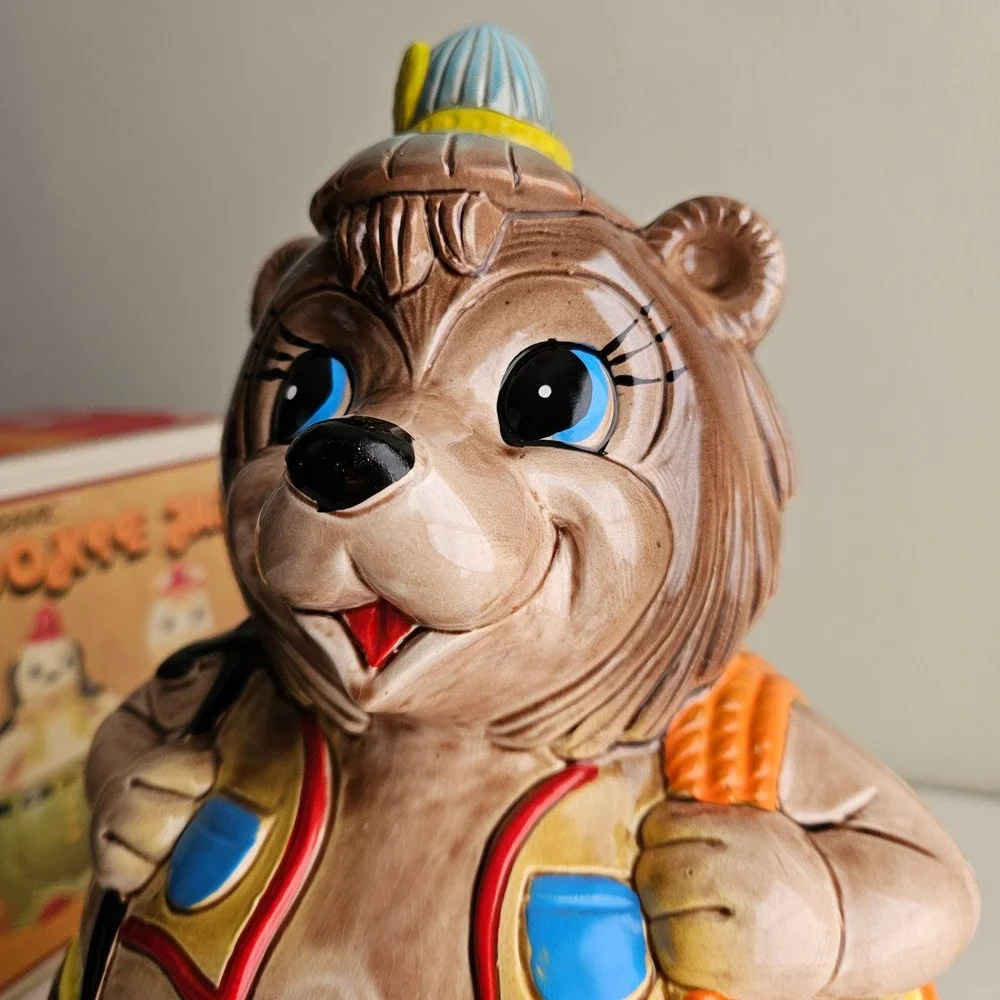 Vintage 1960s Ceramic Bear Miner Hiker 2 Piece Cookie Jar Made in Japan NEW
